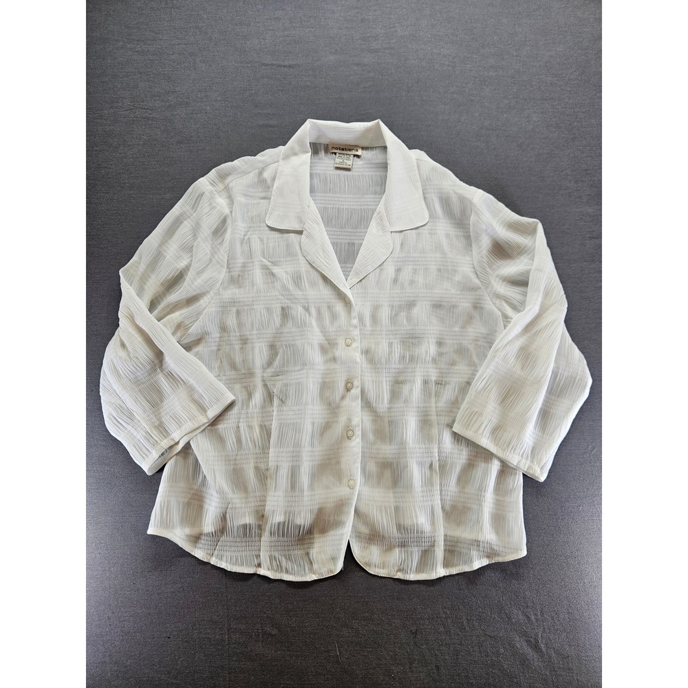 Notations Womens White Textured Button Front Blouse 3/4 Sleeve XL MTXB0016